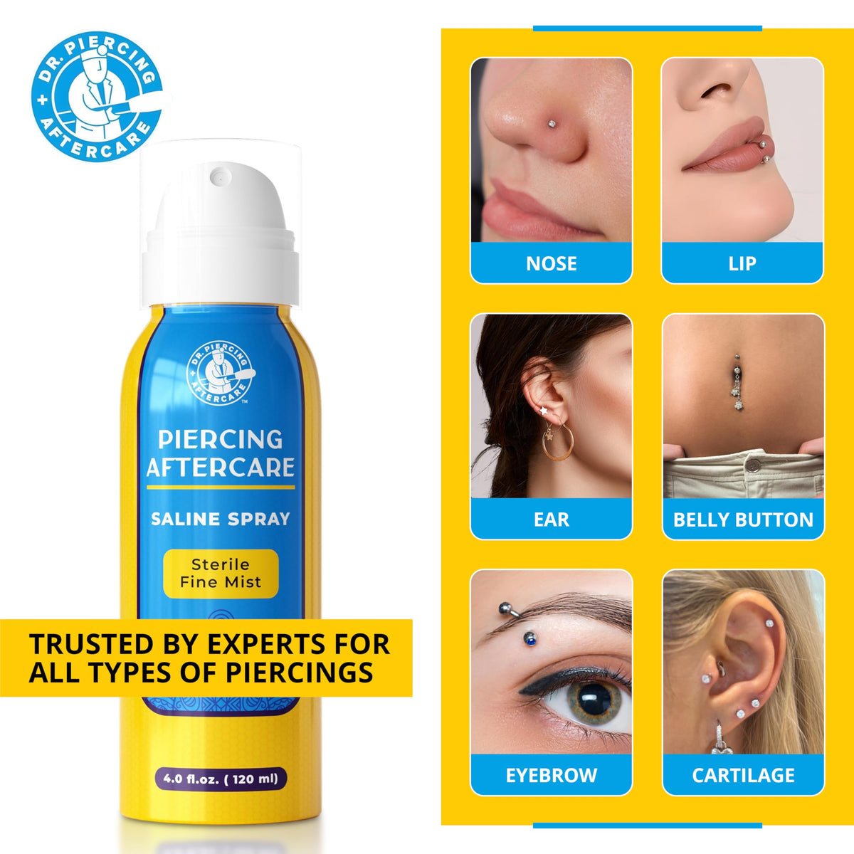 DR. PIERCING AFTERCARE spray two-ingredient formula preserves piercing health with minimal ingredients.
