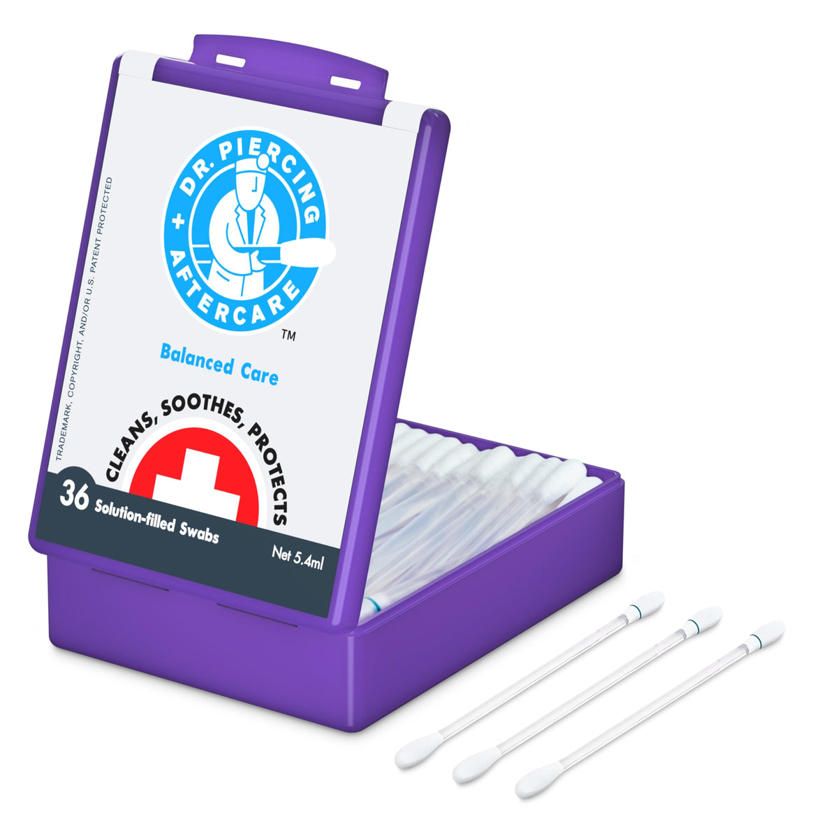 DR. PIERCING AFTERCARE swabs packaging shown for easy on-the-go piercing cleaning.