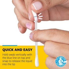 DR. PIERCING AFTERCARE snap-design blue-line image highlighting mess-free solution delivery.