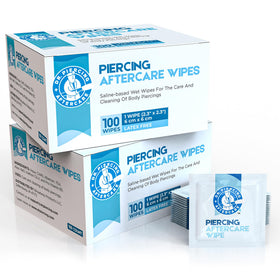 DR. PIERCING AFTERCARE wipes packaging shown for travel and ongoing care