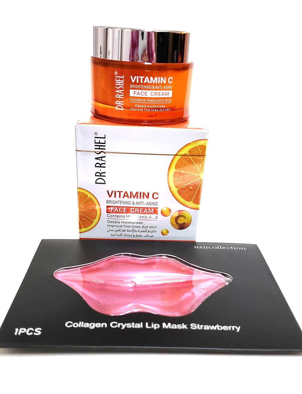 DR.RASHEL Anti-aging cream vial suggesting wrinkle reduction and brightening.