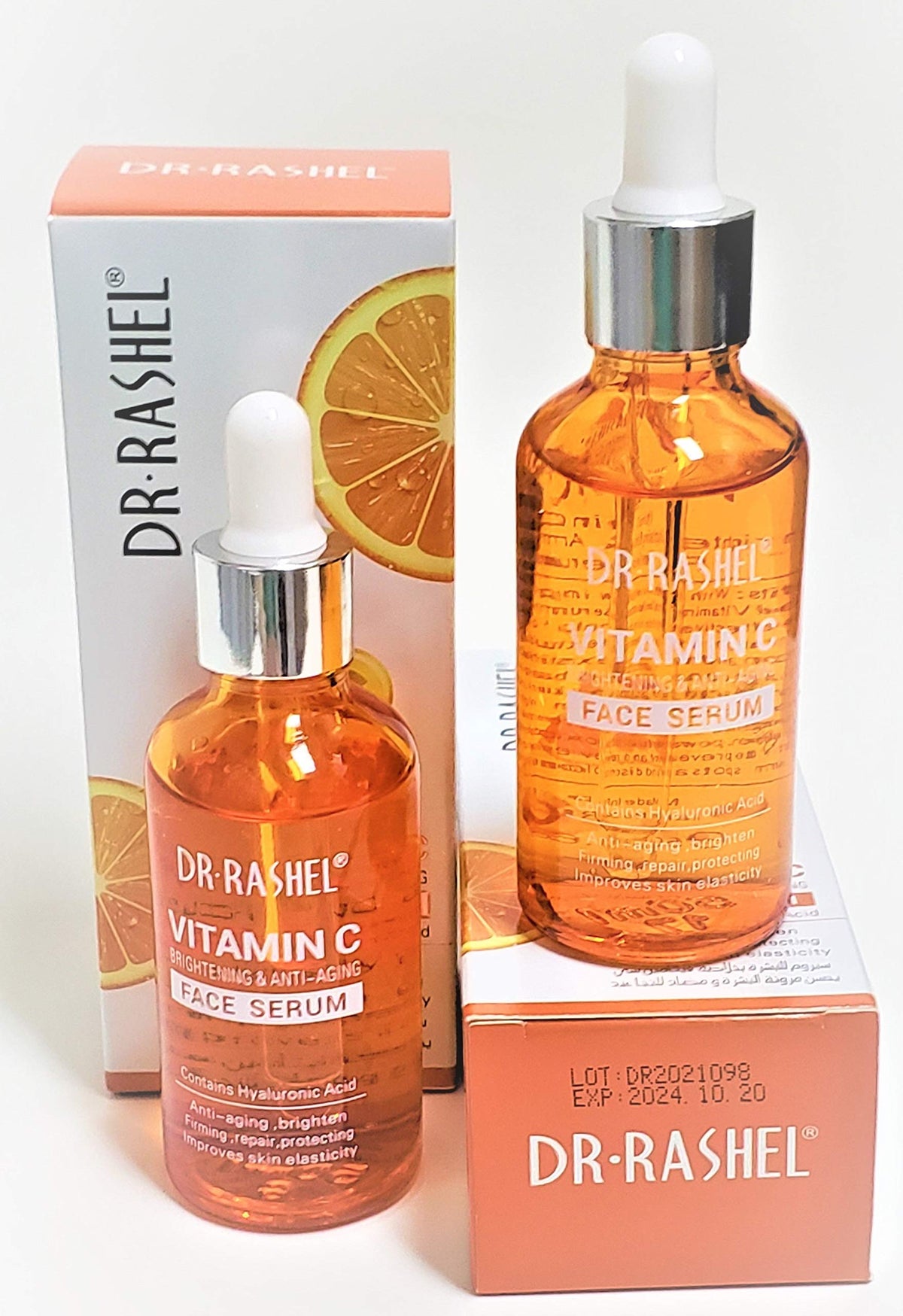 DR.RASHEL serum bottle close-up showing quick absorption on skin.