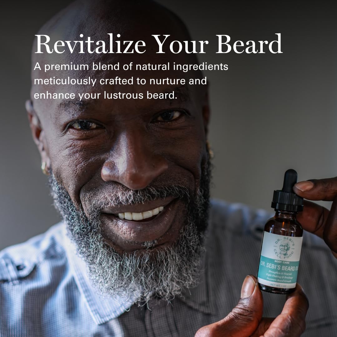 Dr. Sebi's Beard Oil ingredients display with Batana and Argan for nourished beard