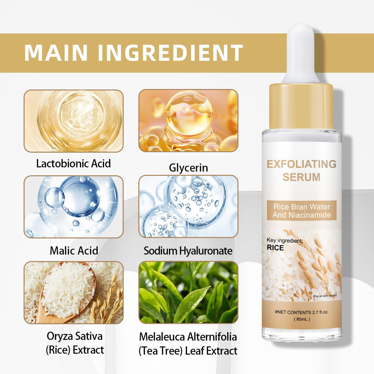 DR.Seya white rice ampoule closeup texture, gentle exfoliation for smoother skin.