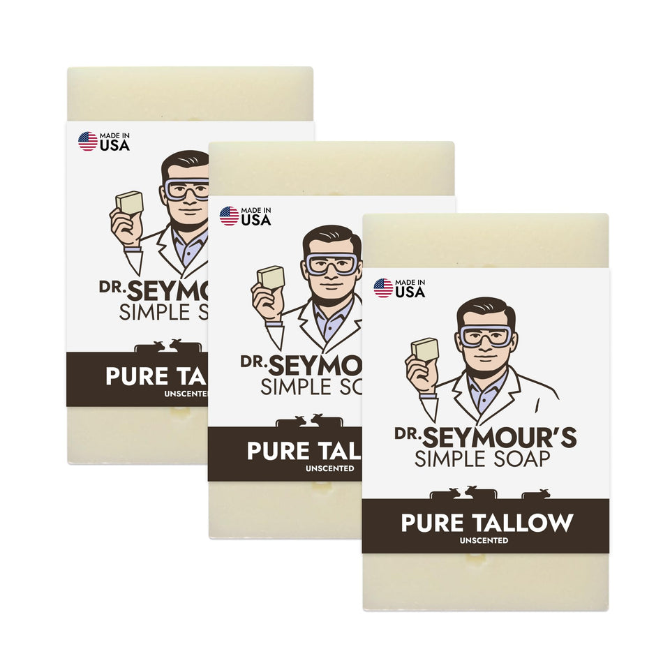 Dr. Seymour's Pure Tallow Soap Bar 3-Pack on shelf, creamy lather for daily cleansing