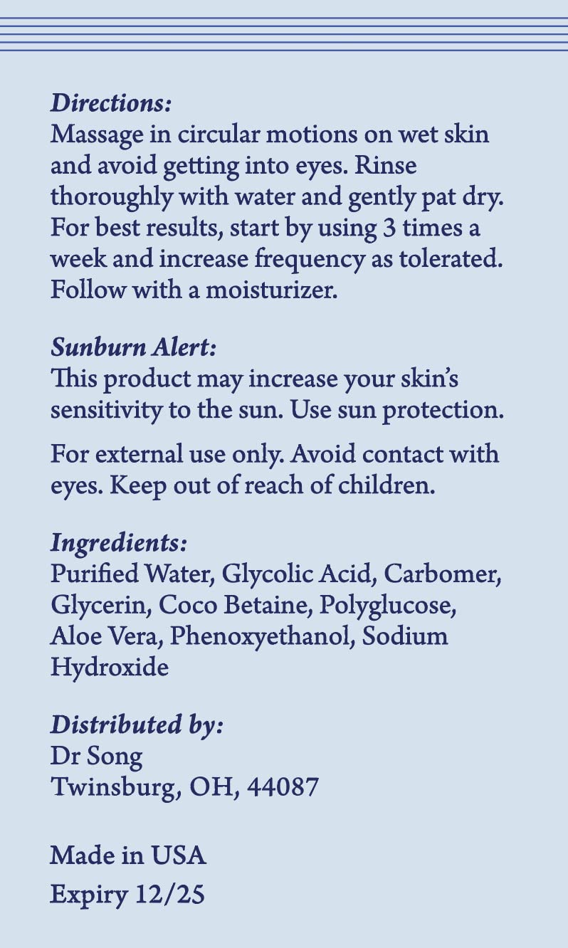 Dr Song Glycolic Face Wash label closeup showcasing high-purity formula.