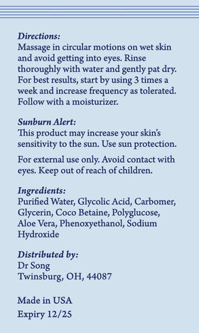 Dr Song Glycolic Face Wash label closeup showcasing high-purity formula.