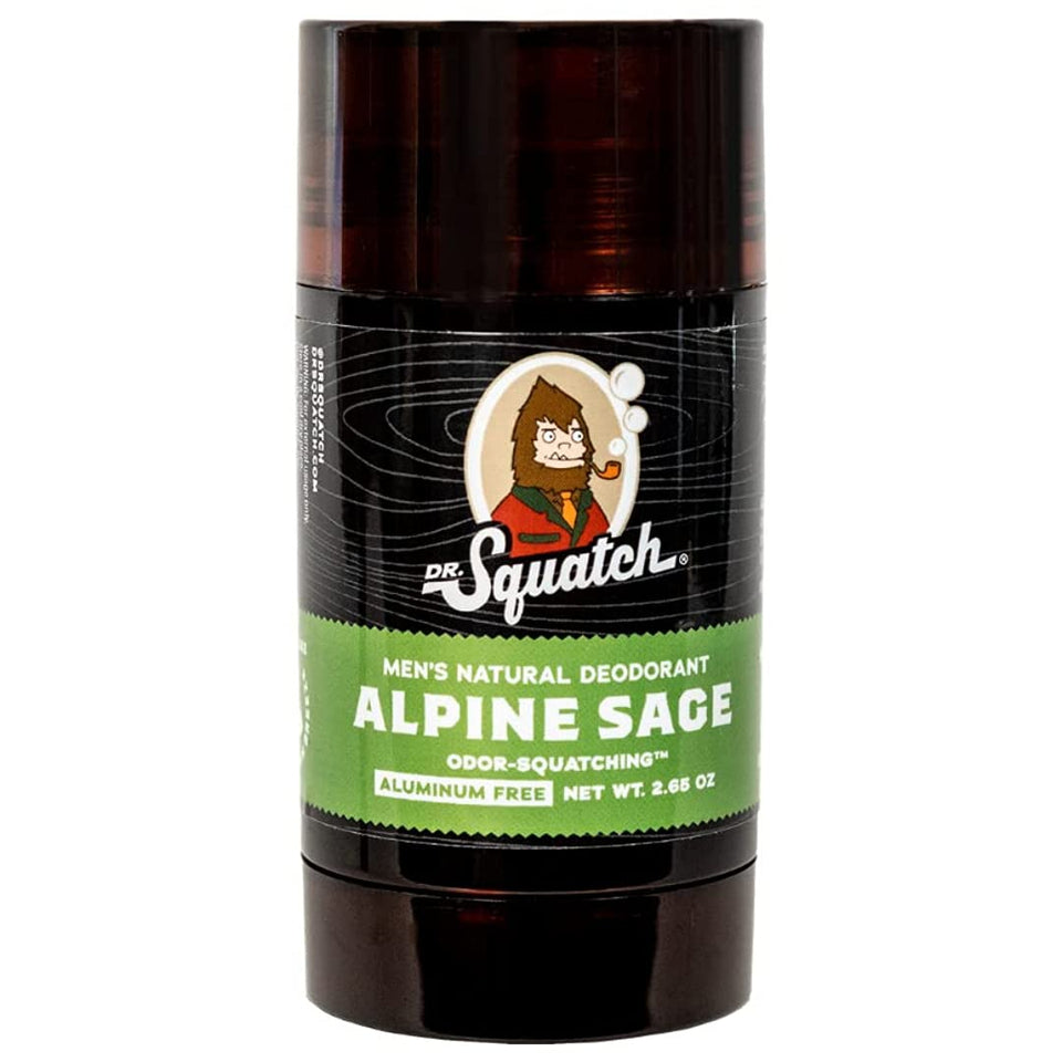 Dr. Squatch Alpine Sage deodorant bottle showing aluminum-free formula