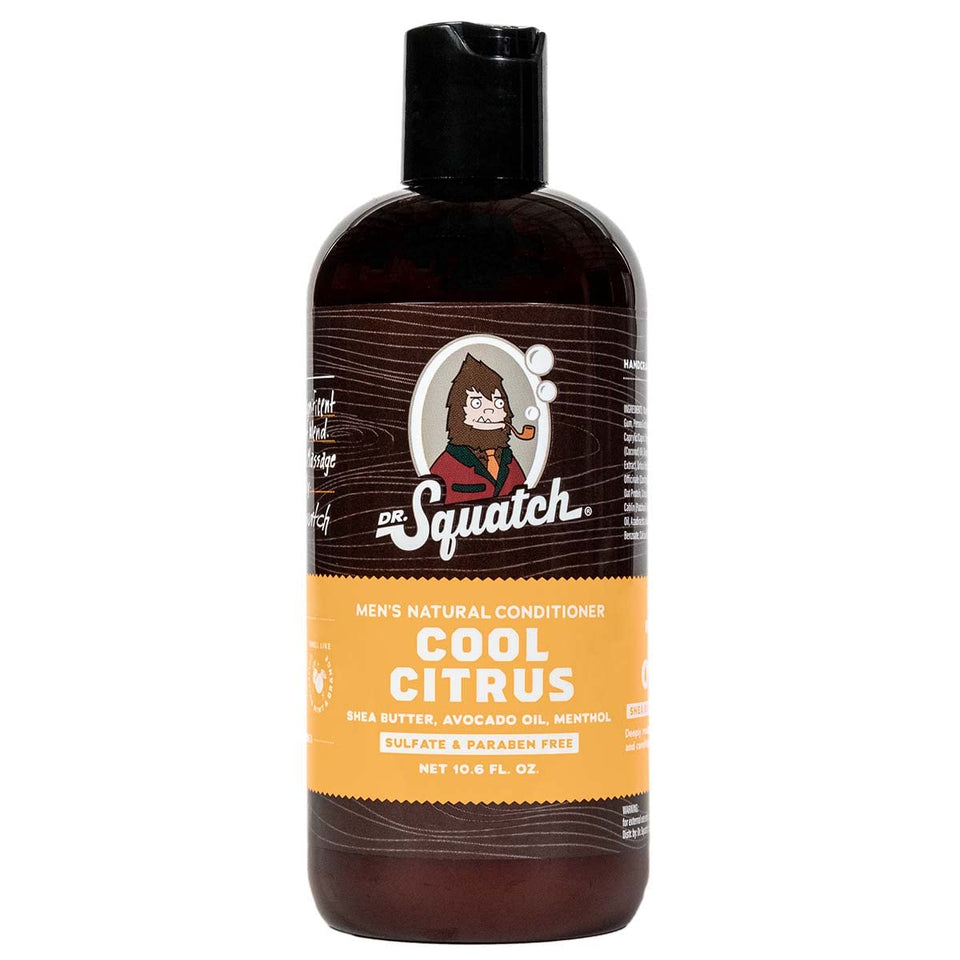 Dr. Squatch Cool Citrus Conditioner bottle closeup with refreshing citrus formula
