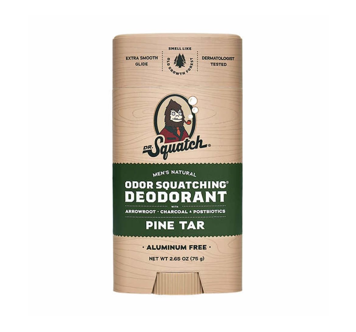 Dr. Squatch deodorant ingredients with arrowroot, charcoal, and probiotics for natural care.