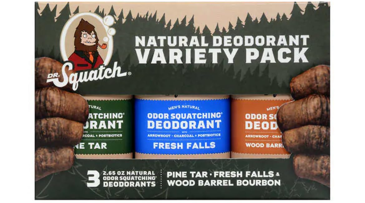 Dr. Squatch deodorant variety pack front view with three 2.65 oz sticks for everyday freshness.