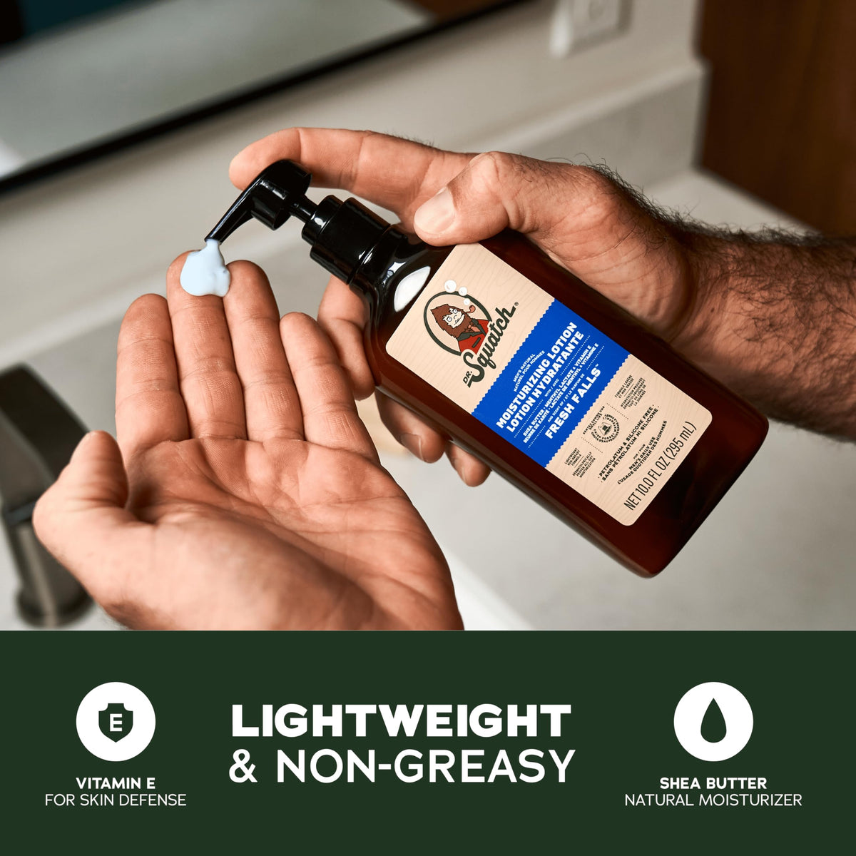 Dr. Squatch Fresh Falls lotion bottle with refreshing scent and quick absorption