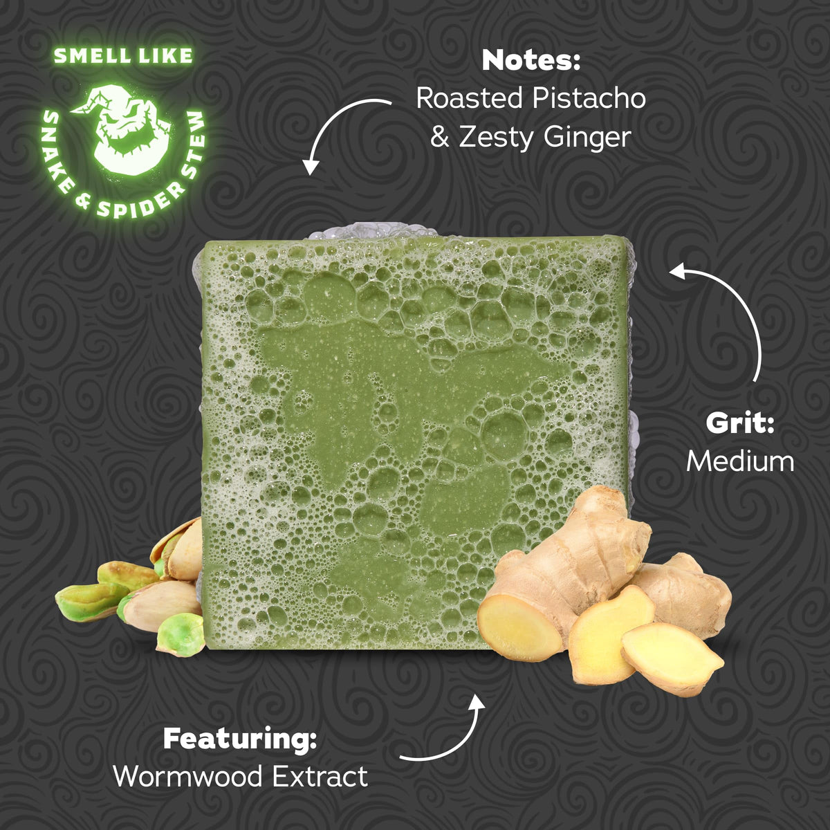 Dr. Squatch Oogie Boogies Brew bar close-up with pistachio fragrance.