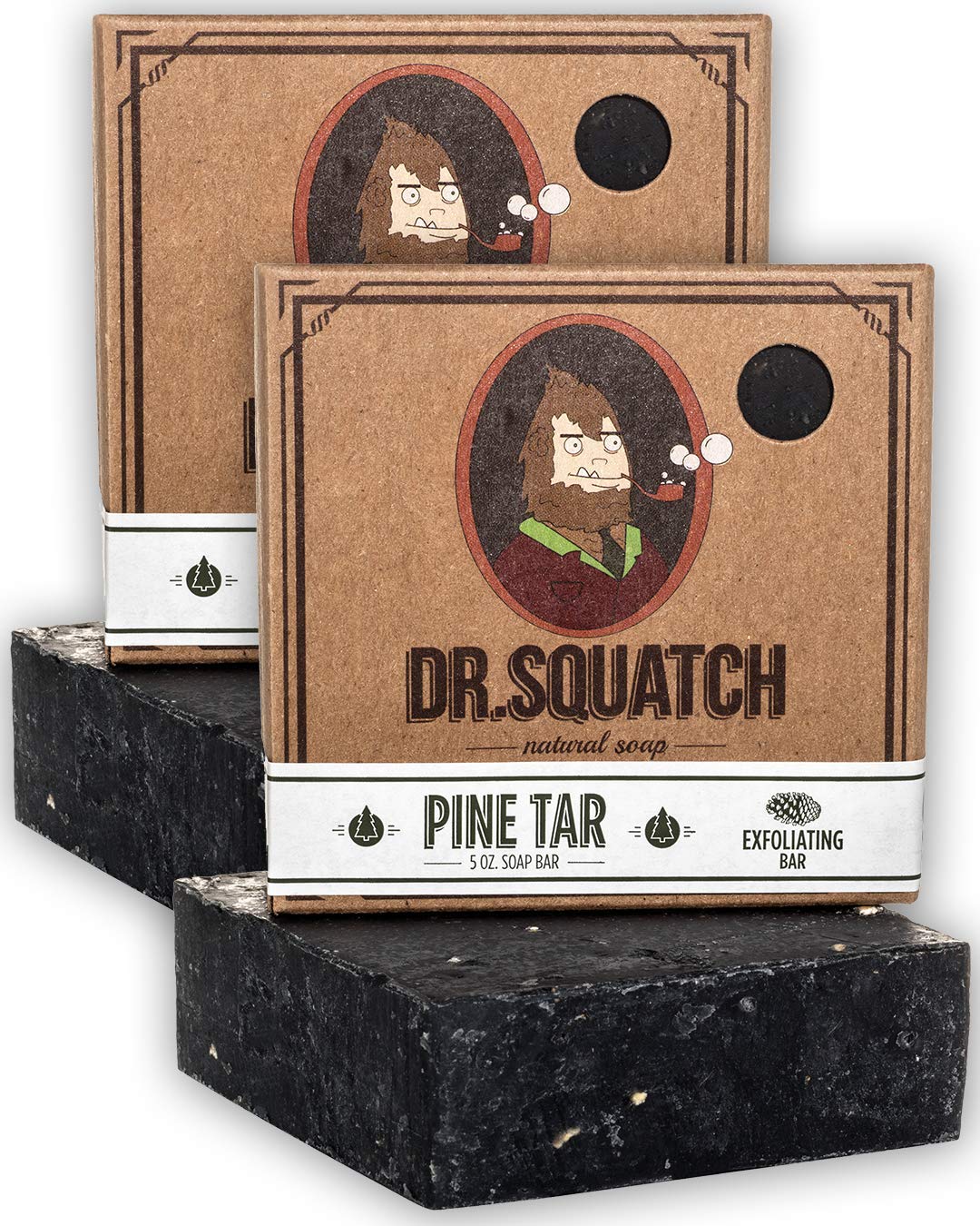 Dr. Squatch Pine Tar Soap 2-Pack packaging shows rugged bars for daily cleansing.