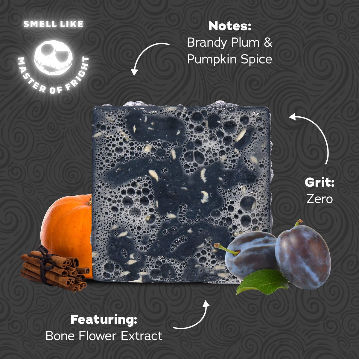 Dr. Squatch Skellington Suds bar close-up with pumpkin spice aroma.