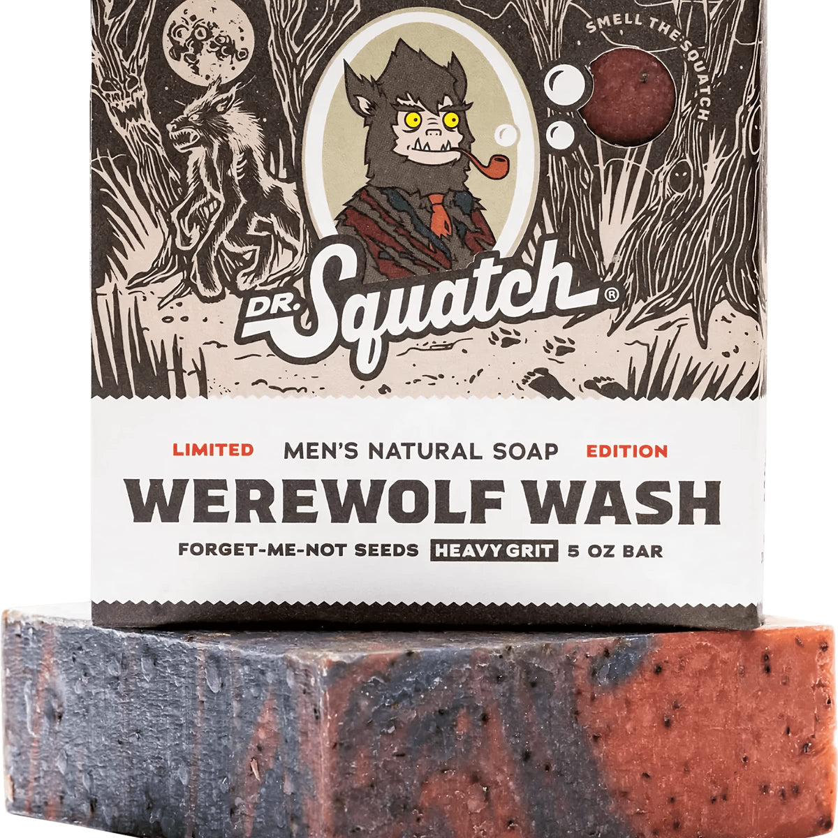 Dr. Squatch Werewolf Wash bar soap, exfoliating Forget-Me-Not seeds for refreshed skin after workouts.