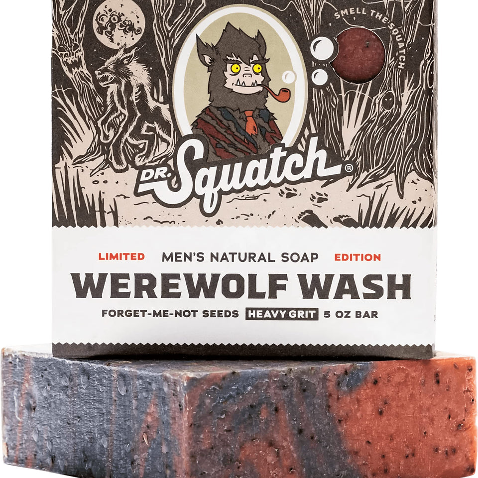 Dr. Squatch Werewolf Wash bar soap, exfoliating Forget-Me-Not seeds for refreshed skin after workouts.