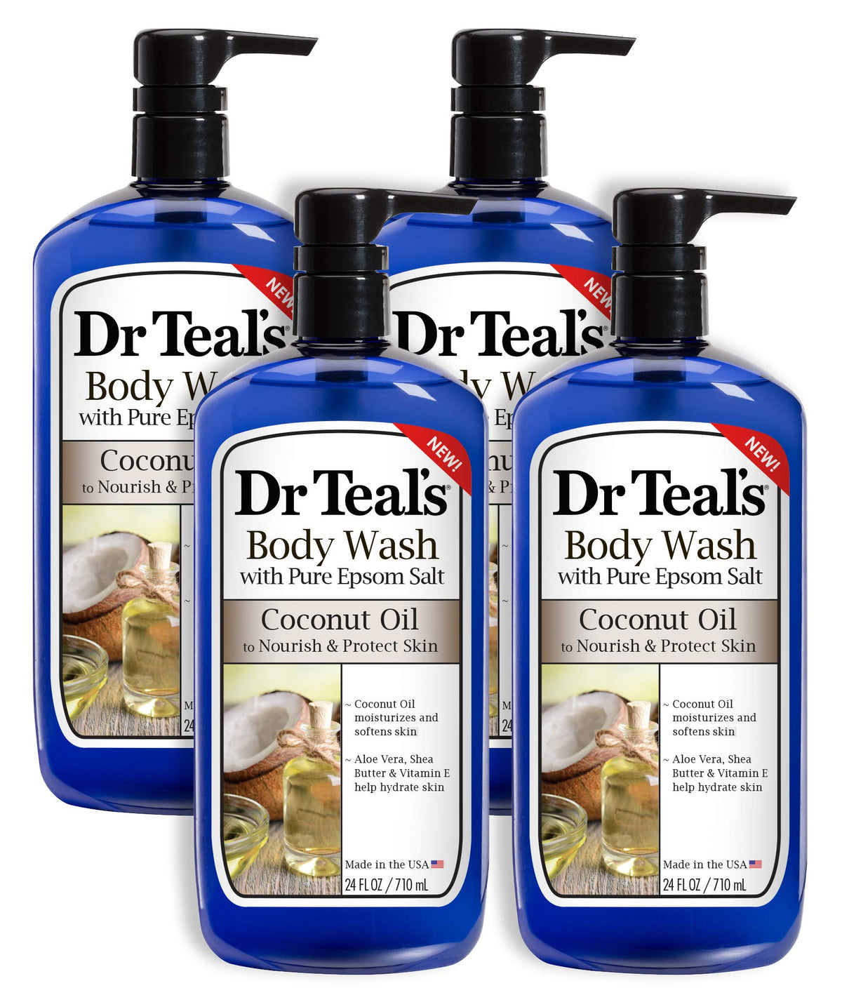 Dr Teal's Coconut Oil Body Wash bottle offers nourishing skin and relaxation benefits.