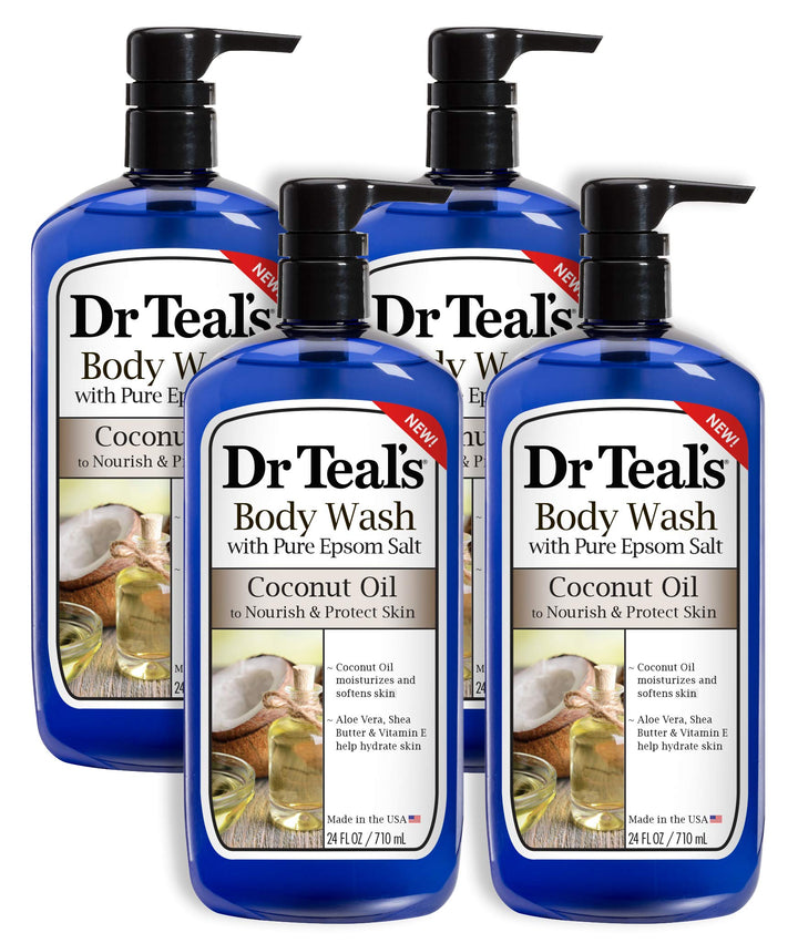 Dr Teal's Coconut Oil Body Wash bottle offers nourishing skin and relaxation benefits.