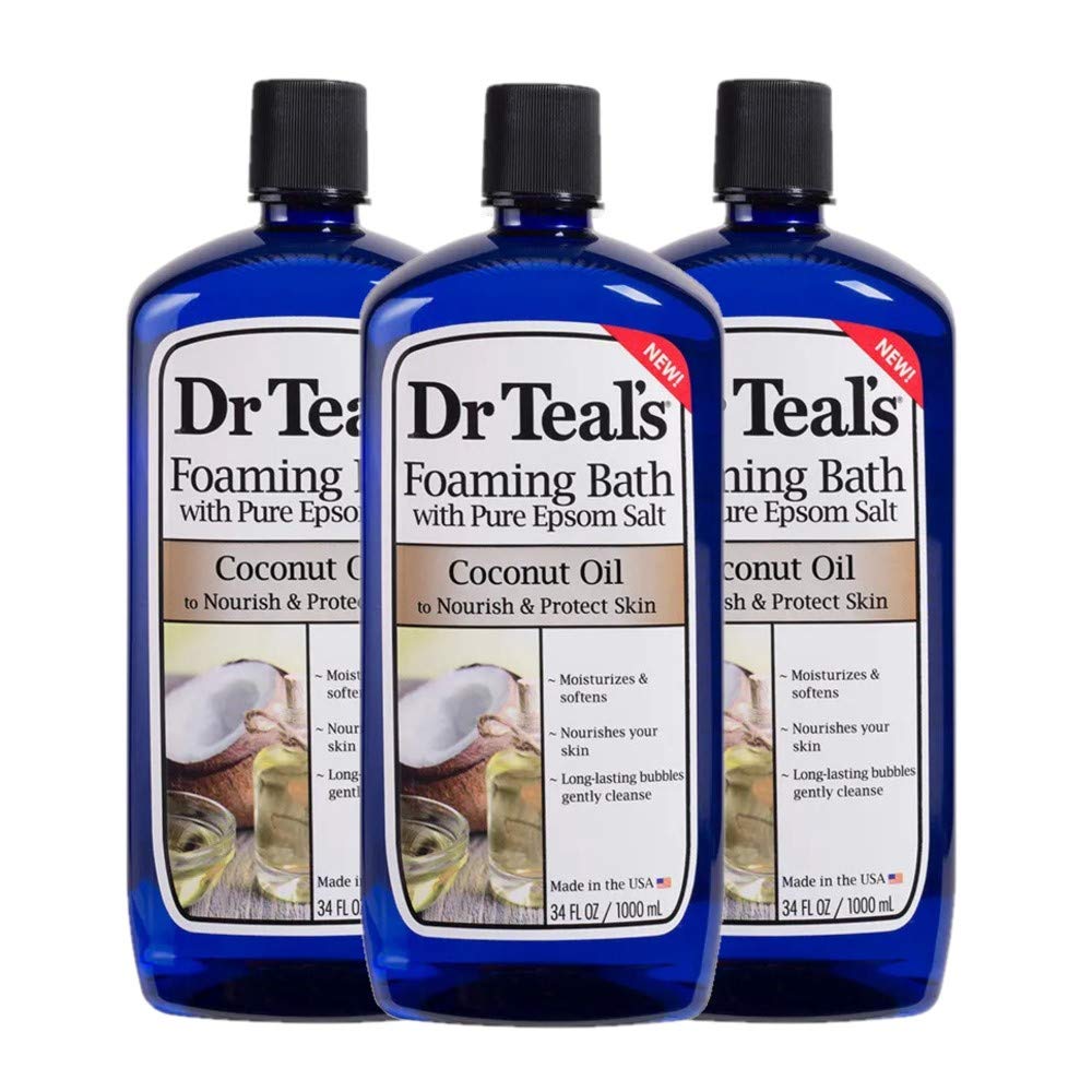Dr Teal's Coconut Oil Foaming Bath bottle with rich foam for relaxing, spa-like evenings.