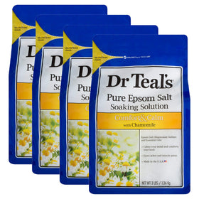 Dr Teal's Comfort & Calm bath soak 4-pack with chamomile for a relaxing home spa session.