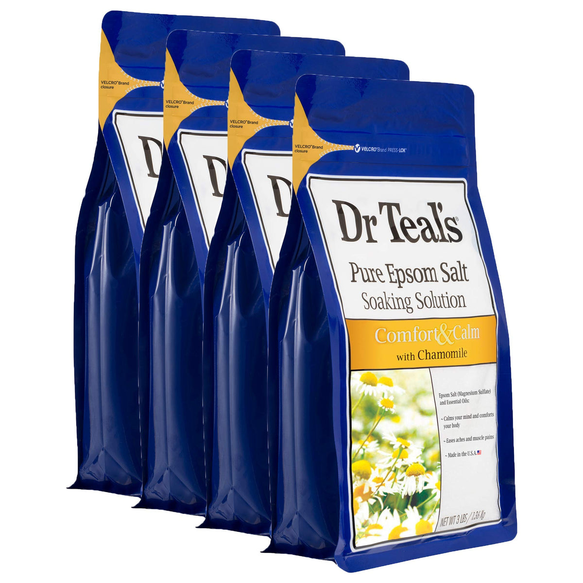 Dr Teal's chamomile Epsom salt 12lbs bags shown for soothing post-workout recovery.