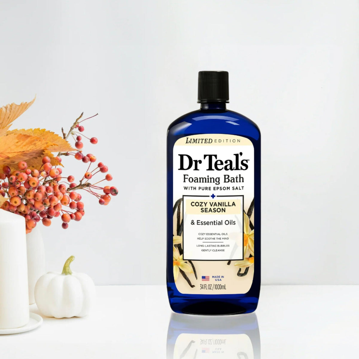 Dr Teal's Cozy Vanilla Season Foaming Bath bottle for a relaxing, skin-refreshing soak.