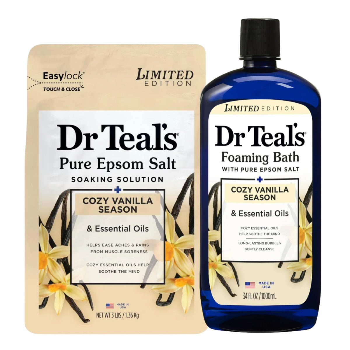Dr Teal's Cozy Vanilla Season Pure Epsom Salts bag for soothing muscles and relaxation.