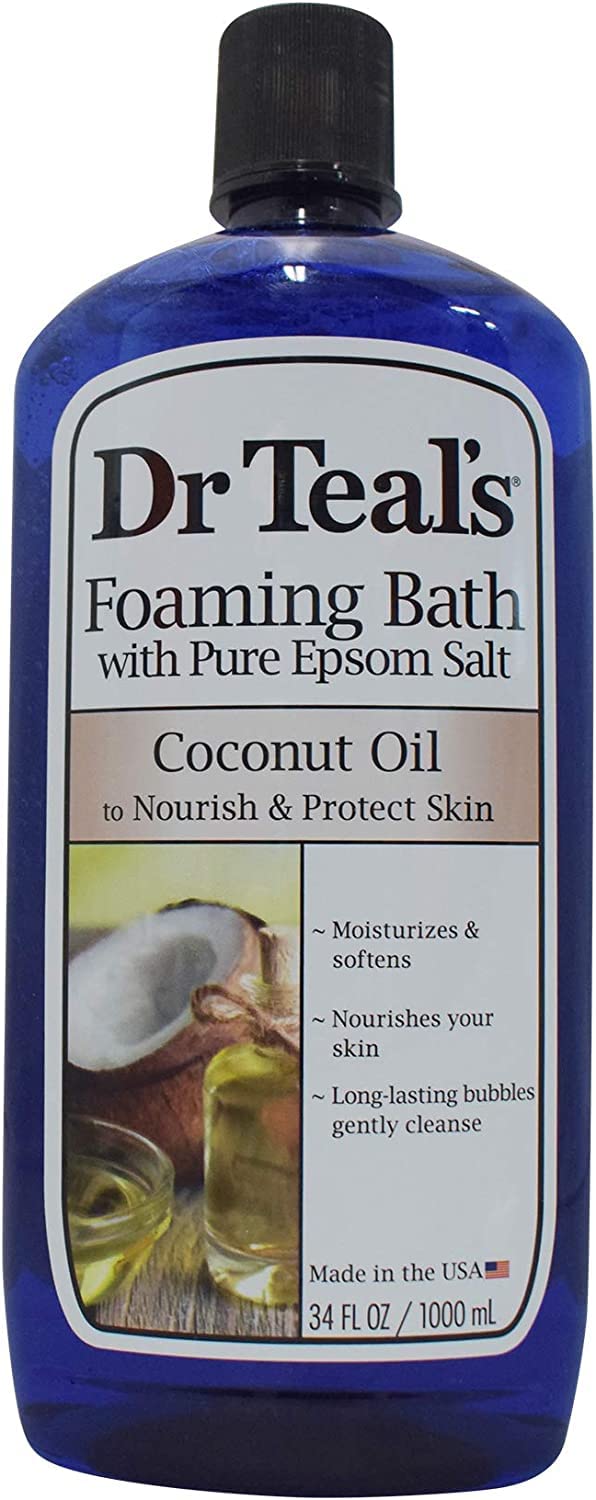 Dr Teal's gift set in a bathroom scene shows three 34oz bottles for spa moments.
