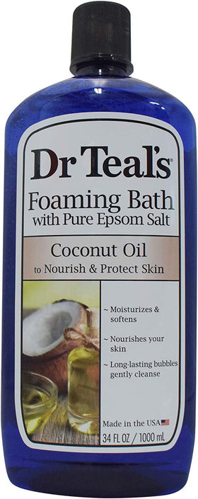 Dr Teal's gift set in a bathroom scene shows three 34oz bottles for spa moments.