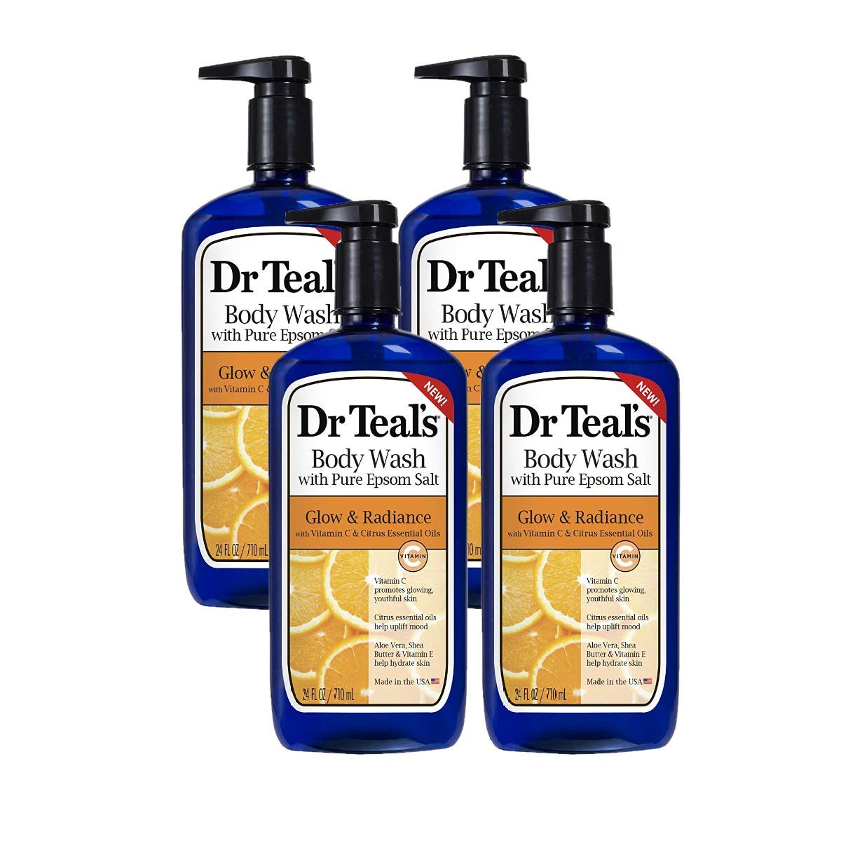 Dr Teal's Glow & Radiance bottle pour with citrus scent promoting refreshing hydration.
