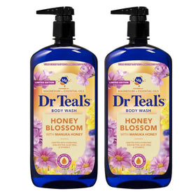 Dr Teal's Honey Blossom Body Wash bottle showcasing Manuka honey for a soothing cleanse.