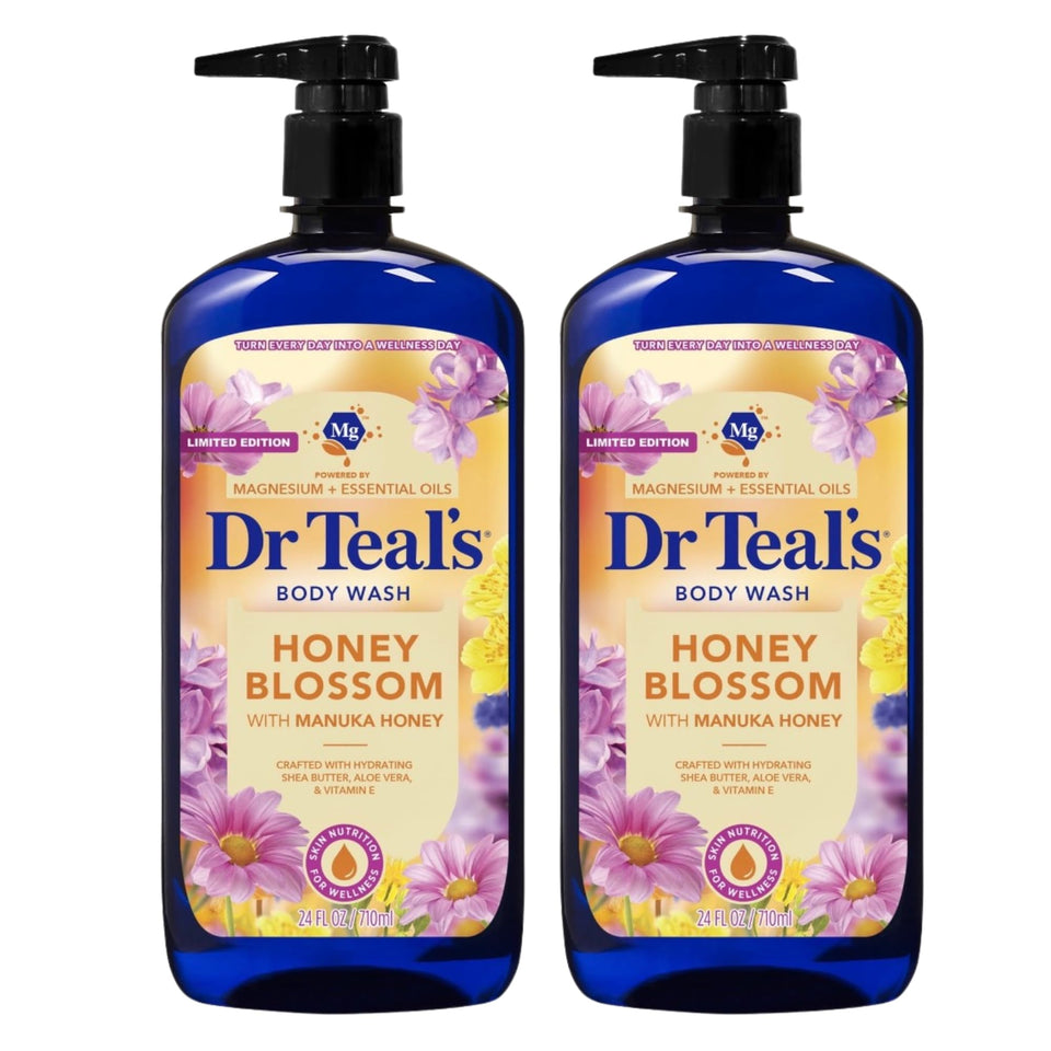 Dr Teal's Honey Blossom Body Wash bottle showcasing Manuka honey for a soothing cleanse.