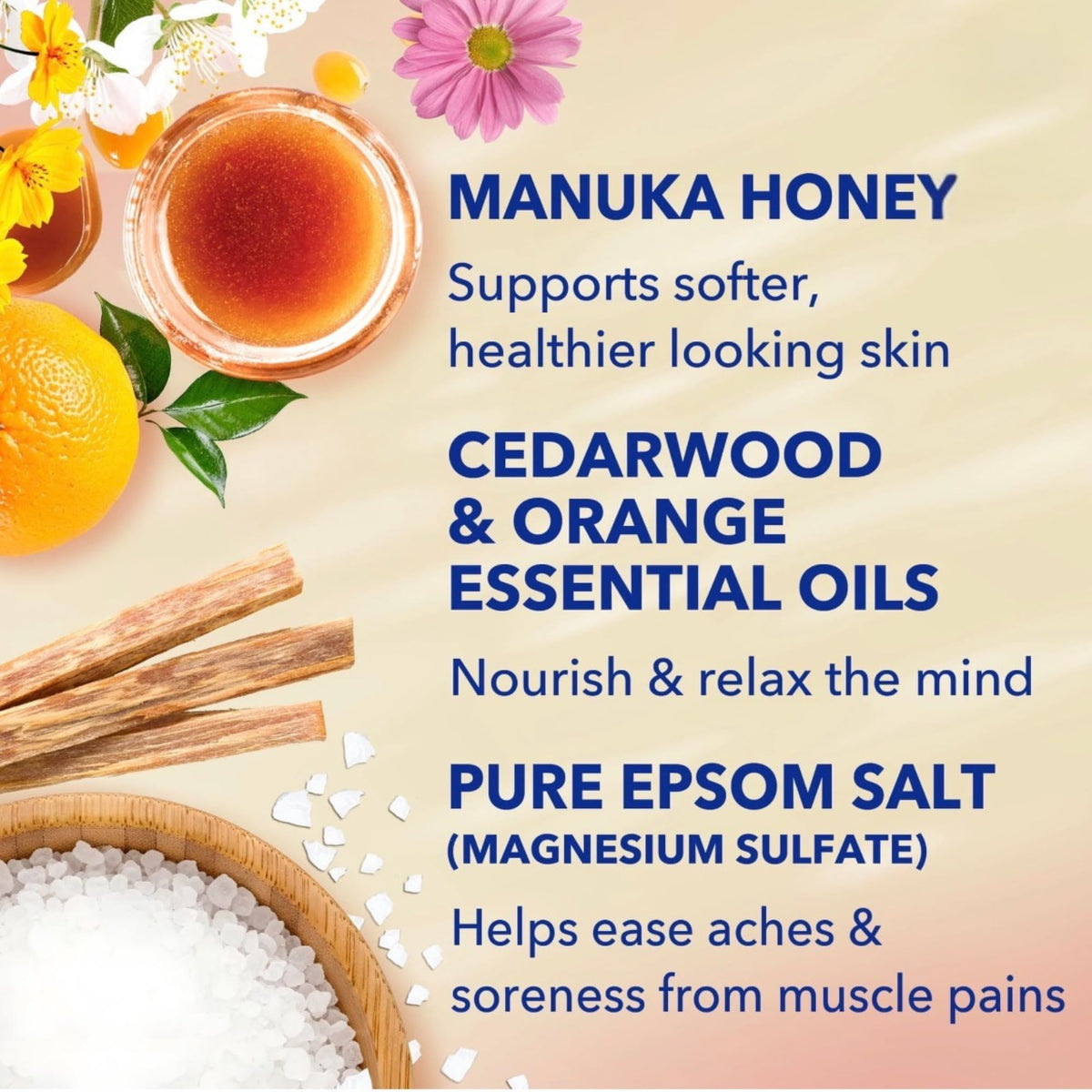 Honey Blossom body wash lather highlighting magnesium and essential oils for relaxation.
