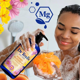 Dr Teal's Honey Blossom twin-pack display for long-lasting pampering.