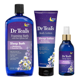 Dr Teal's Melatonin Sleep Bath foaming bath creates calming bubbles for a relaxing soak.