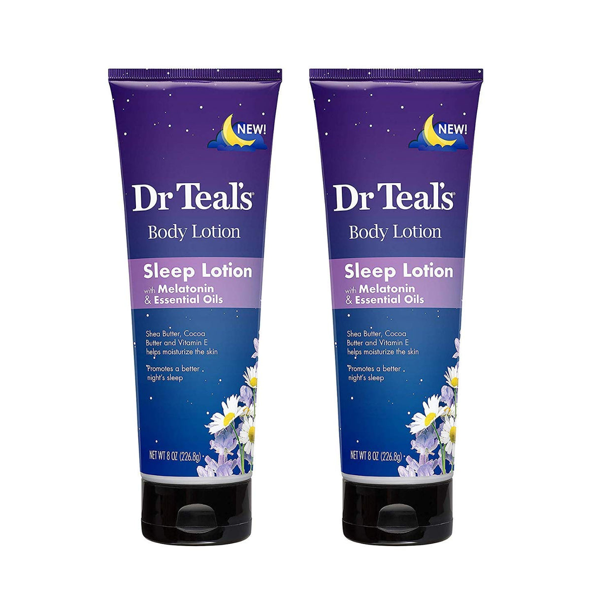 Dr Teal's Melatonin Sleep Lotion bottle with calming aroma for nightly moisturizing.
