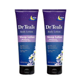 Dr Teal's Melatonin Sleep Lotion bottle with calming aroma for nightly moisturizing.