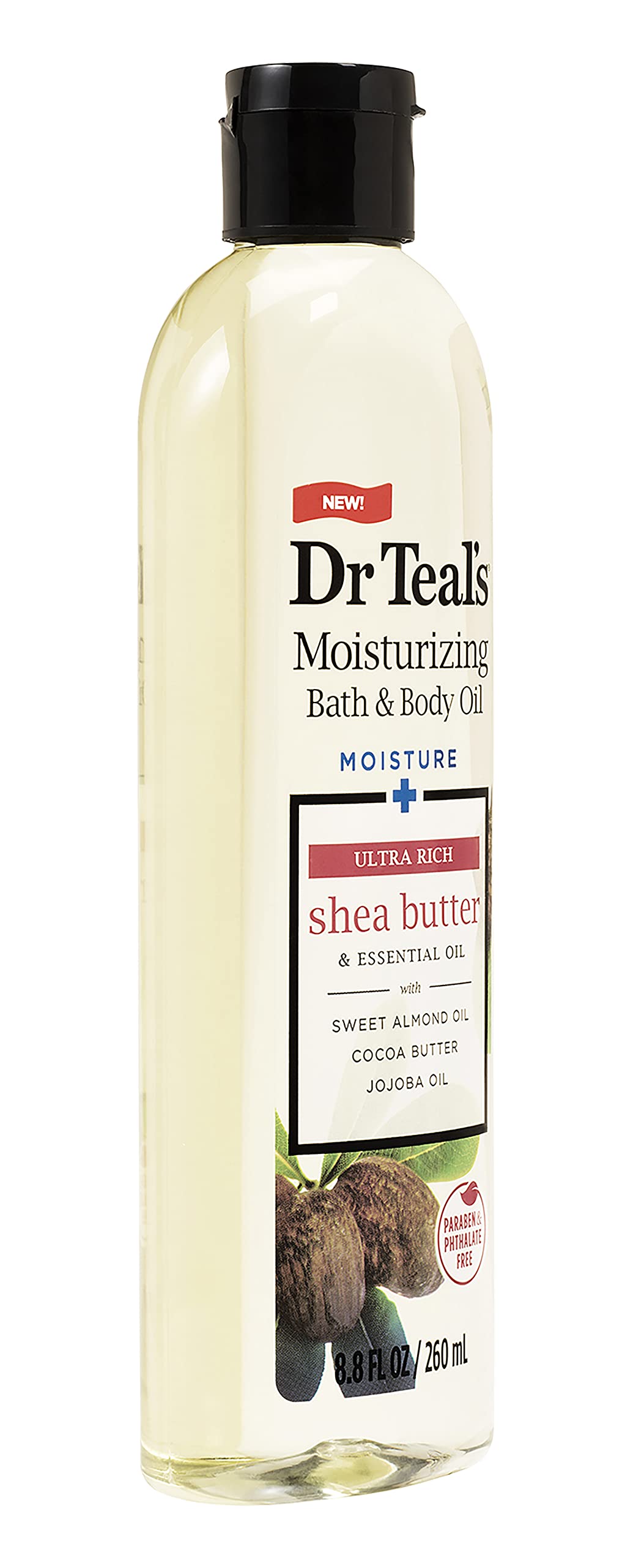 Dr Teal's bottles close-up highlights the shea butter and oil blend for dry skin care.