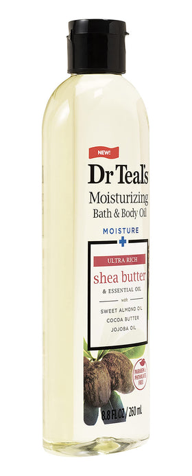 Dr Teal's bottles close-up highlights the shea butter and oil blend for dry skin care.