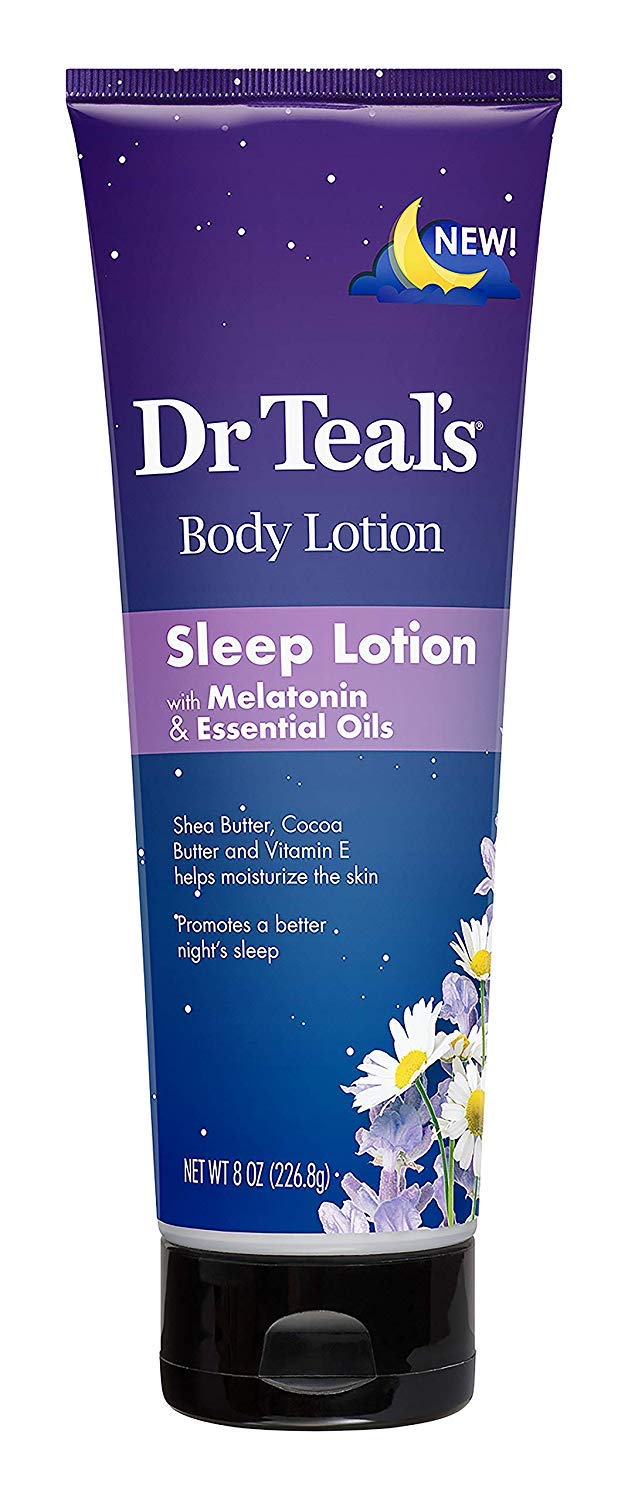 Dr Teal's Nighttime Therapy lotion label highlights melatonin and soothing oils.