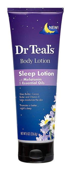 Dr Teal's Nighttime Therapy lotion label highlights melatonin and soothing oils.