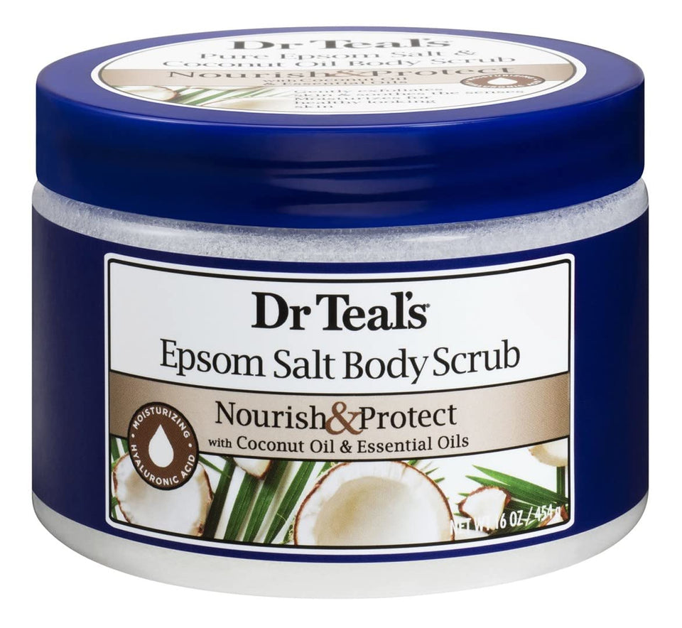 Dr Teal's Nourish & Protect scrub jar close-up for smooth, hydrated skin.