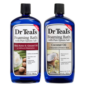 Dr Teal's Shea Butter & Almond Oil foaming bath bottle with moisturizing lather for dry skin.