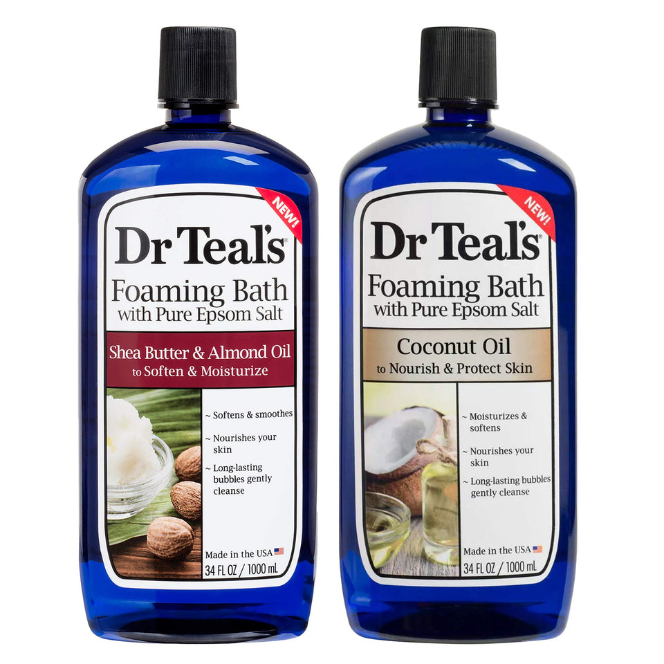 Dr Teal's Shea Butter & Almond Oil foaming bath bottle with moisturizing lather for dry skin.