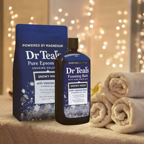Dr Teal's Snowy Night set packaging closeup shows winter vibes and freshness.