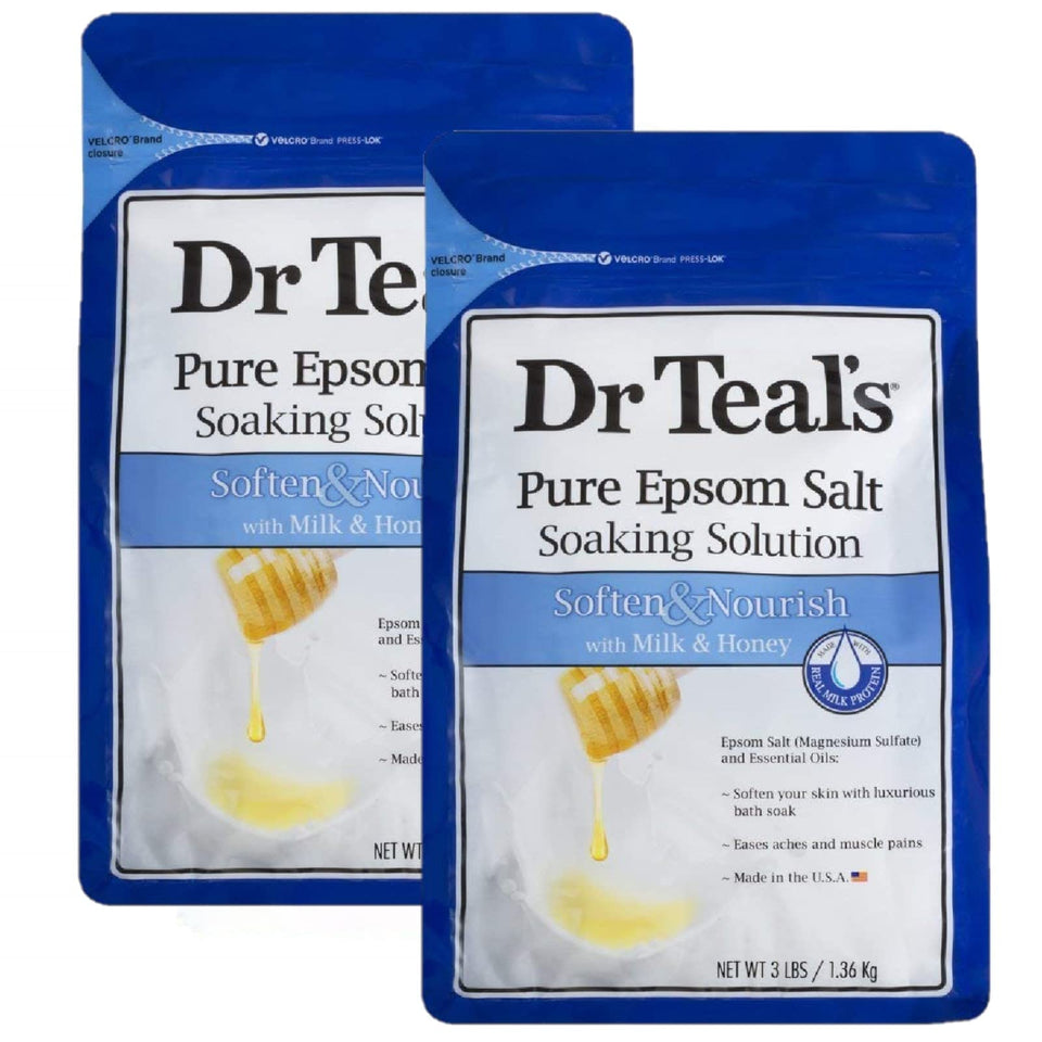 Dr Teal's Soften & Nourish set with two Milk & Honey bags for a bath.
