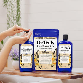 Dr Teal's Vanilla Comfort Epsom salt ambiance promotes unwinding after a long day.