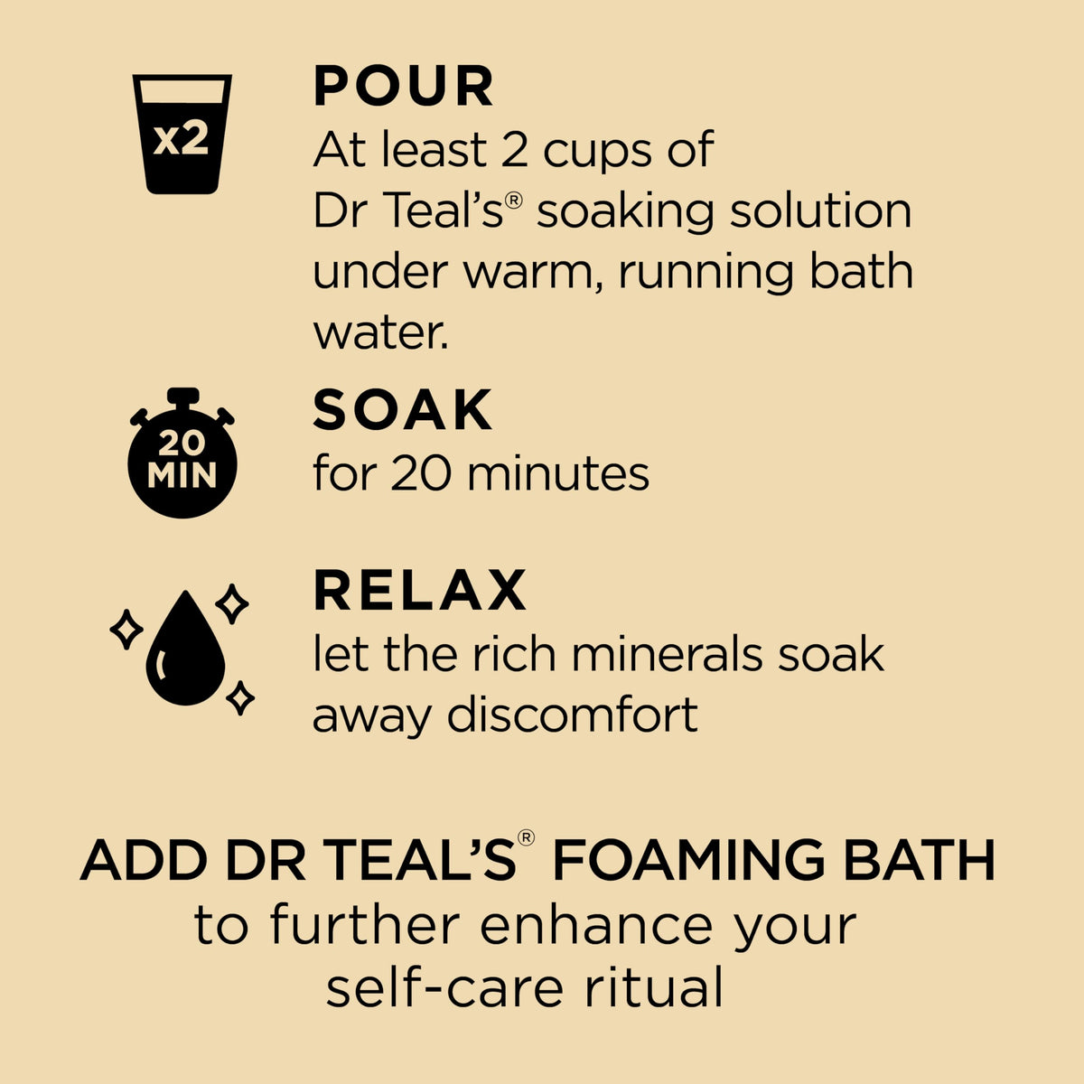 Dr Teal's Vanilla Comfort Epsom salt bath scene conveys warmth and calm.