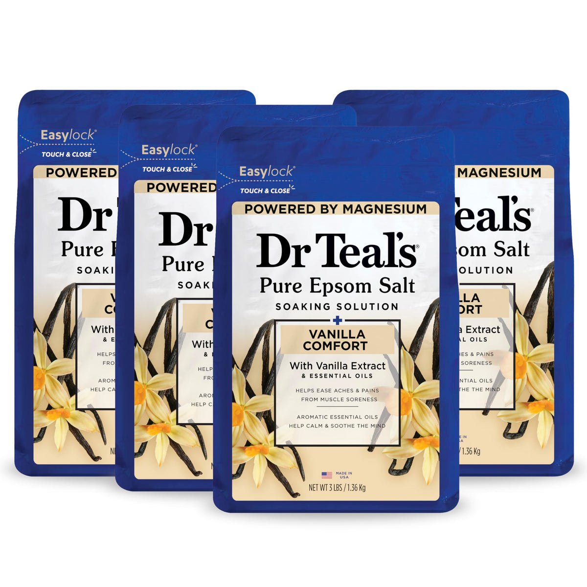Dr Teal's Vanilla Comfort Epsom salt bottle pour promotes a relaxing bath experience.